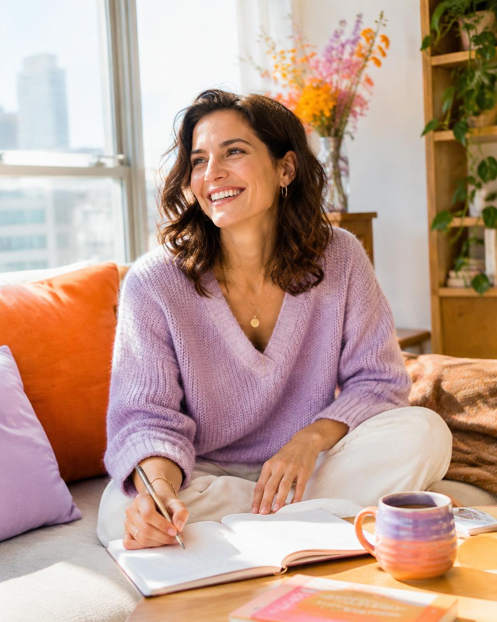 Smiling woman writing in her journal