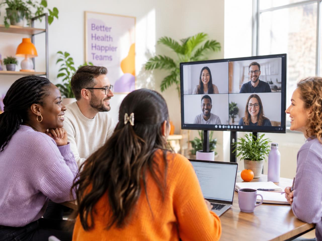 Team in a relaxed online wellbeing session